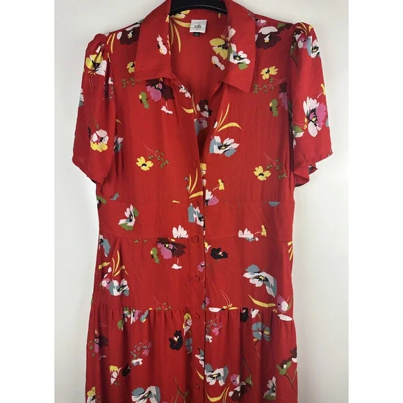 *Flawed* CAbi Afternoon Dress Floral Midi Red 6218 SS Shirt Dress Size XL Sheer - Picture 7 of 15
